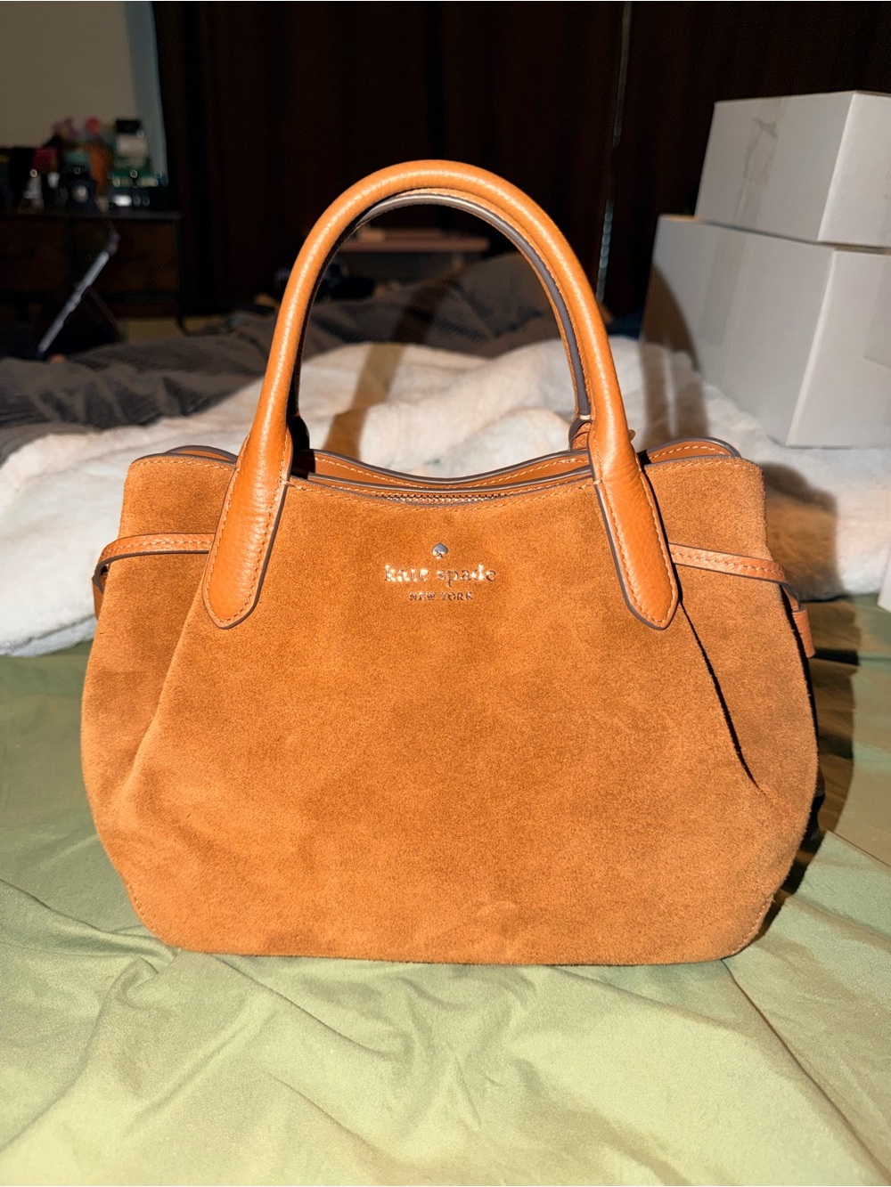 kate spade Suede Dumpling Satchel Handbag in Cognac